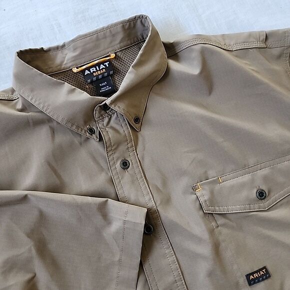 Ariat Rebar Shirt Mens XXL 2XLT Tan Vented Venttek Button Down Short Sleeve - Picture 1 of 9